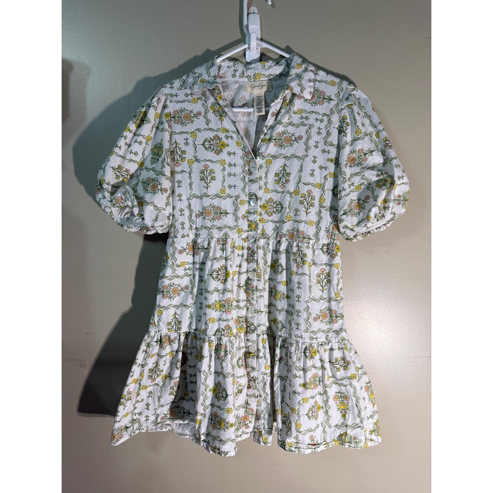 Jessica Simpson Floral Cotton Puff Sleeve Tiered Mini Dress White Yellow Medium